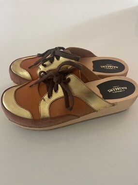 Swedish Hasbeens Metallic Gold and Brown Leather Clog Mules